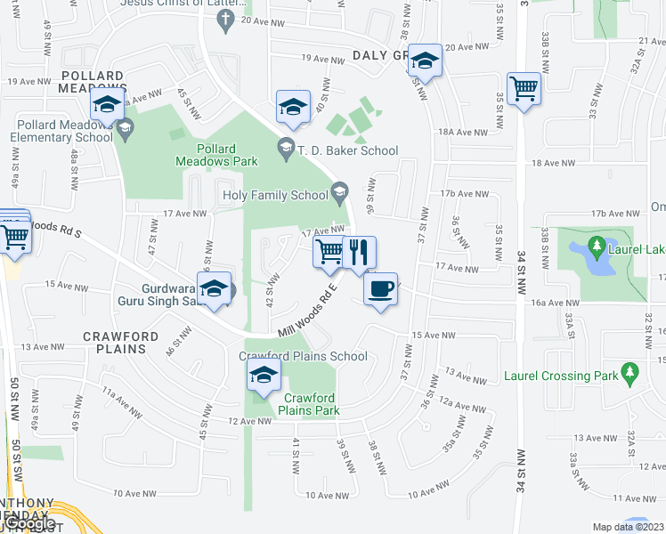 map of restaurants, bars, coffee shops, grocery stores, and more near 4-1580 Mill Woods Road East in Edmonton
