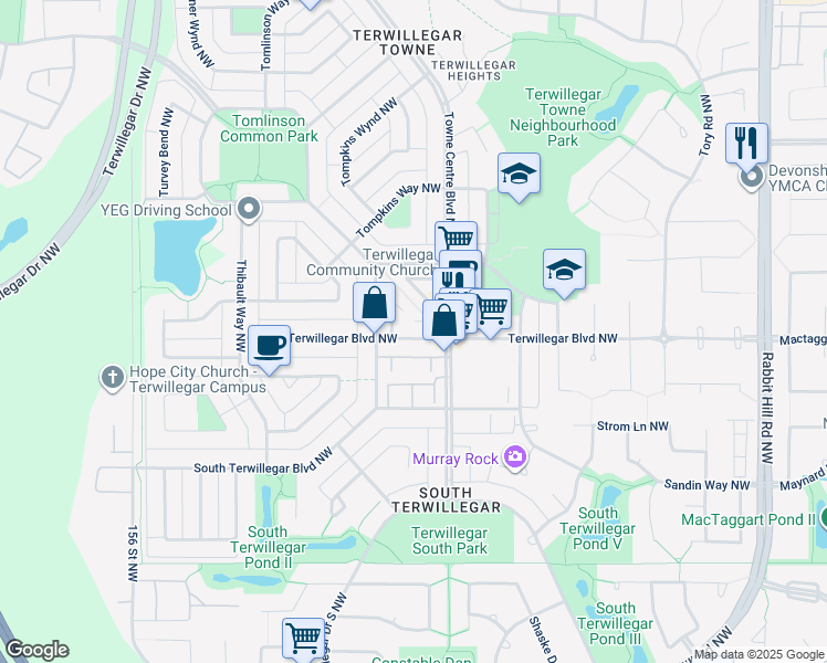 map of restaurants, bars, coffee shops, grocery stores, and more near 5280 Terwillegar Boulevard Northwest in Edmonton