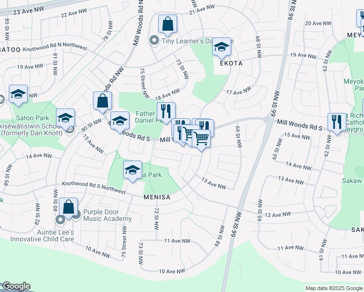 map of restaurants, bars, coffee shops, grocery stores, and more near 7211 Mill Woods Road South in Edmonton