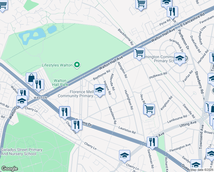 map of restaurants, bars, coffee shops, grocery stores, and more near Ingrave Road in Merseyside