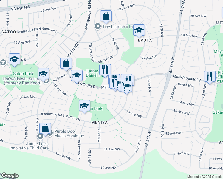 map of restaurants, bars, coffee shops, grocery stores, and more near 7211 Mill Woods Road South in Edmonton