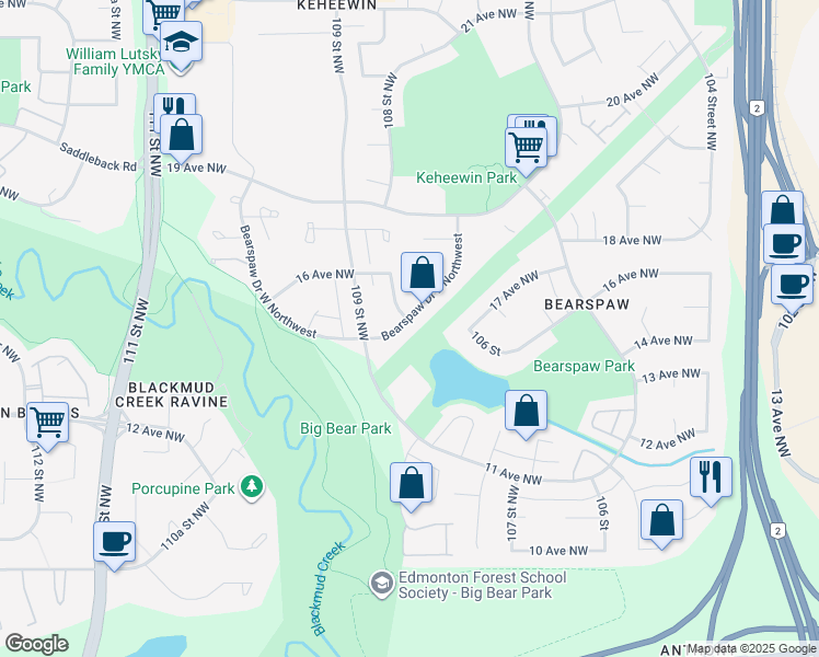 map of restaurants, bars, coffee shops, grocery stores, and more near 10807 Bearspaw Drive East Northwest in Edmonton