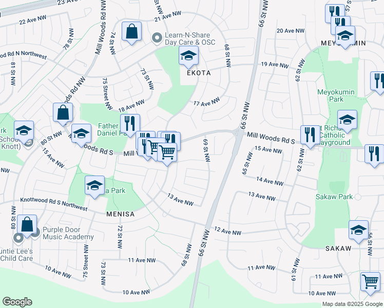 map of restaurants, bars, coffee shops, grocery stores, and more near 1526 69 Street Northwest in Edmonton