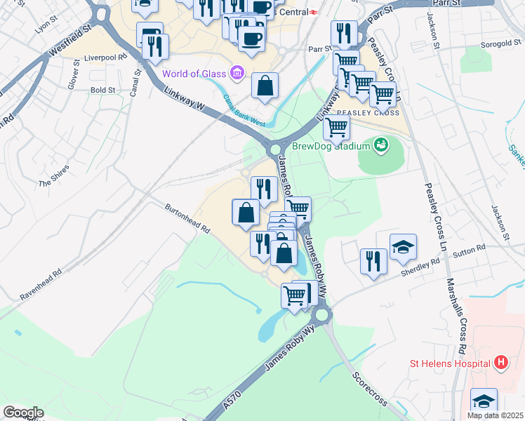 map of restaurants, bars, coffee shops, grocery stores, and more near Milverny Way in St Helens