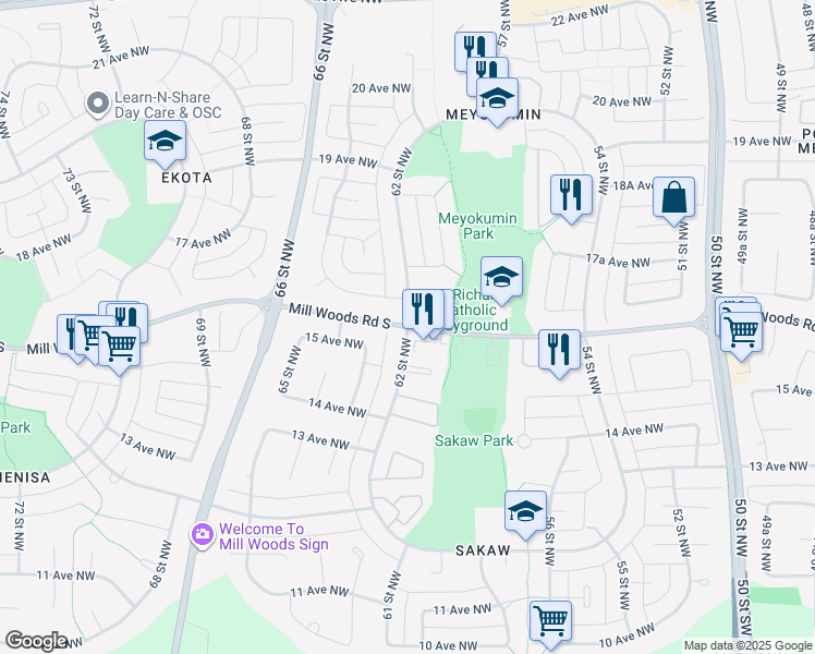 map of restaurants, bars, coffee shops, grocery stores, and more near Mill Woods Road South Northwest & 62 Street Northwest in Edmonton