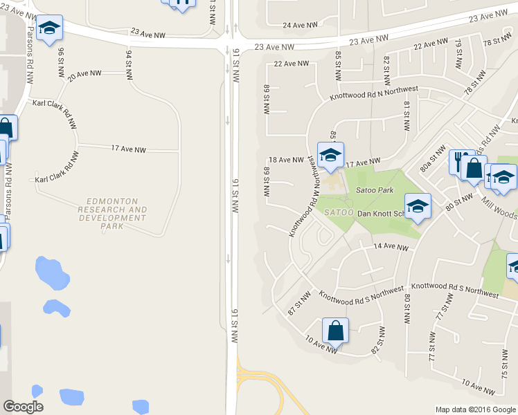 map of restaurants, bars, coffee shops, grocery stores, and more near 1617 89 Street Northwest in Edmonton