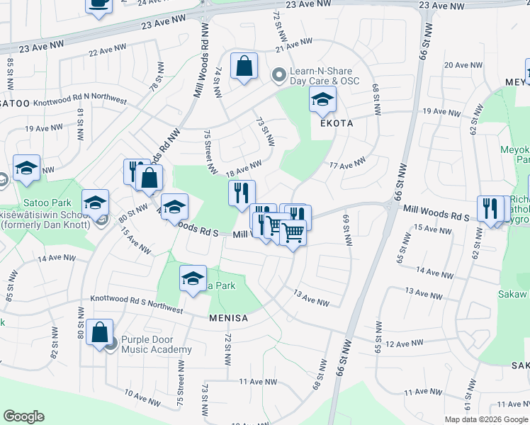 map of restaurants, bars, coffee shops, grocery stores, and more near 1179 Knottwood Road East Northwest in Edmonton
