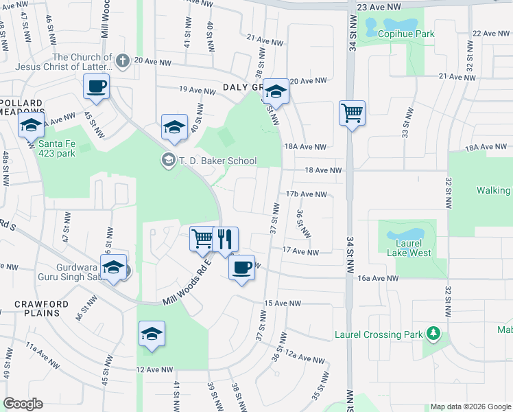 map of restaurants, bars, coffee shops, grocery stores, and more near 1707 17B Avenue Northwest in Edmonton