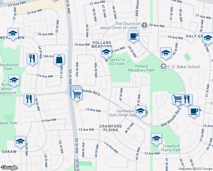 map of restaurants, bars, coffee shops, grocery stores, and more near 1628 48 Street Northwest in Edmonton