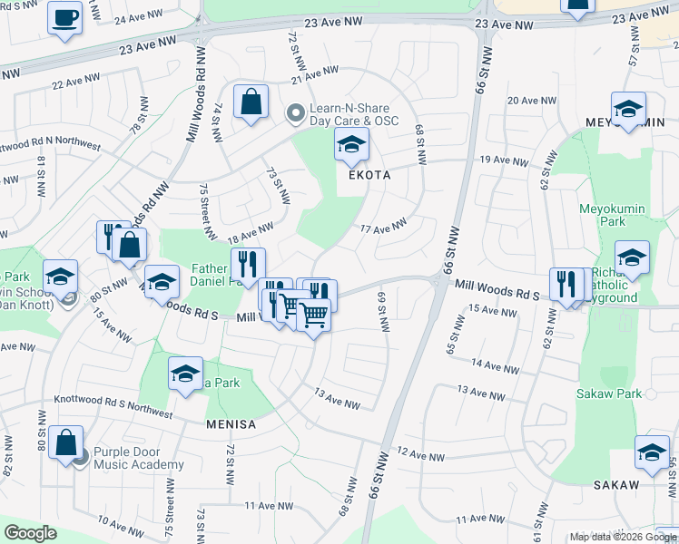 map of restaurants, bars, coffee shops, grocery stores, and more near 1176 Knottwood Road East Northwest in Edmonton