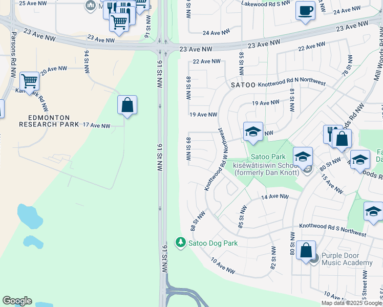 map of restaurants, bars, coffee shops, grocery stores, and more near 1617 89 Street Northwest in Edmonton