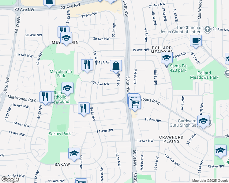 map of restaurants, bars, coffee shops, grocery stores, and more near 5112 17 Avenue Northwest in Edmonton