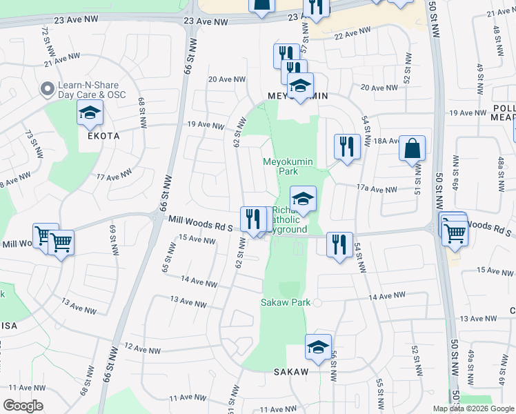 map of restaurants, bars, coffee shops, grocery stores, and more near in Edmonton