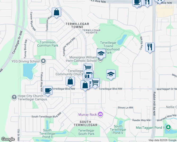 map of restaurants, bars, coffee shops, grocery stores, and more near 4992 Terwillegar Common Northwest in Edmonton