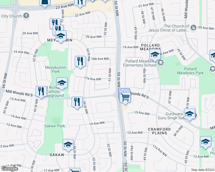 map of restaurants, bars, coffee shops, grocery stores, and more near 5112 17 Avenue Northwest in Edmonton