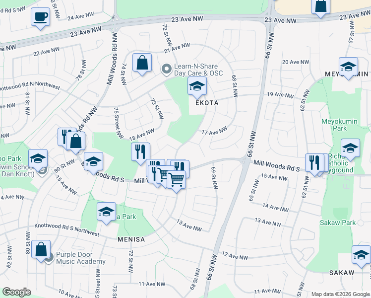 map of restaurants, bars, coffee shops, grocery stores, and more near 1190 Knottwood Road East Northwest in Edmonton
