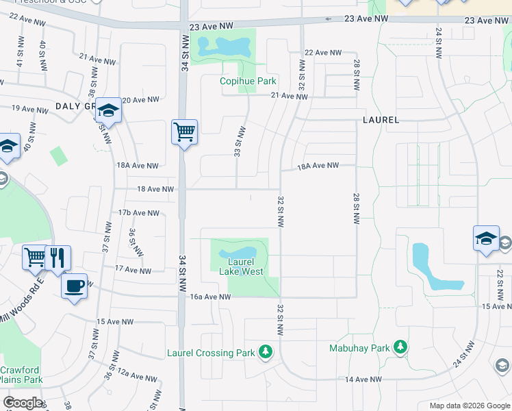 map of restaurants, bars, coffee shops, grocery stores, and more near 3215 18 Avenue Northwest in Edmonton