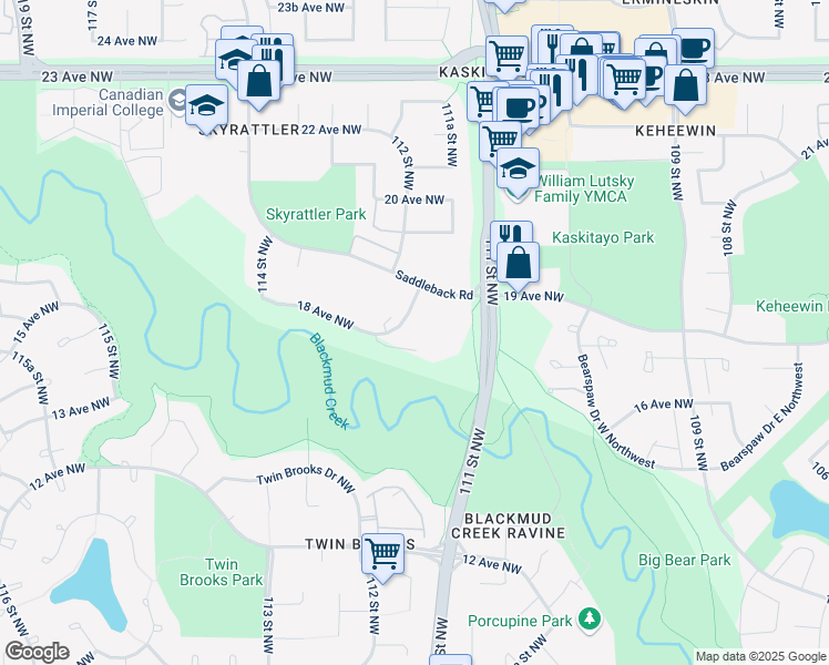 map of restaurants, bars, coffee shops, grocery stores, and more near 1815 111A Street Northwest in Edmonton
