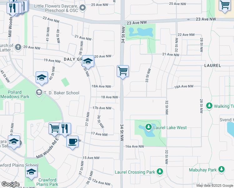 map of restaurants, bars, coffee shops, grocery stores, and more near 3404 18 Avenue Northwest in Edmonton