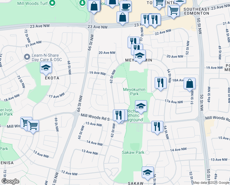 map of restaurants, bars, coffee shops, grocery stores, and more near 1747 62 Street Northwest in Edmonton