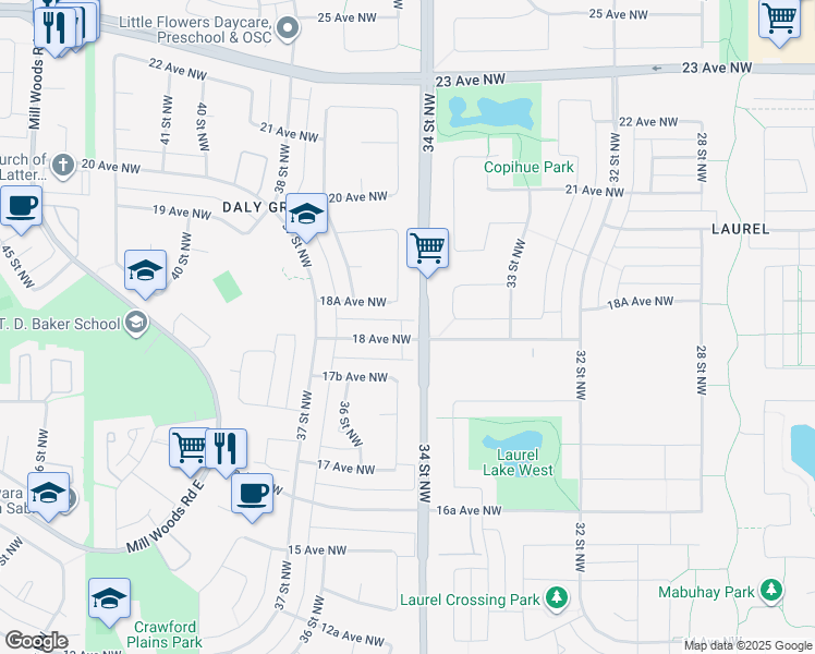 map of restaurants, bars, coffee shops, grocery stores, and more near 3404 18 Avenue Northwest in Edmonton