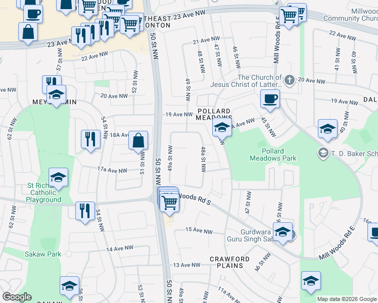 map of restaurants, bars, coffee shops, grocery stores, and more near 1753 49A Street Northwest in Edmonton