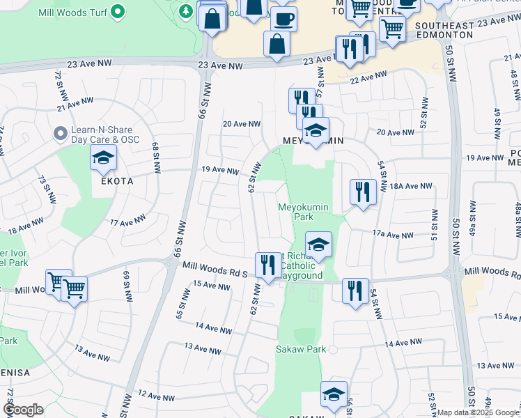 map of restaurants, bars, coffee shops, grocery stores, and more near 1747 62 Street Northwest in Edmonton
