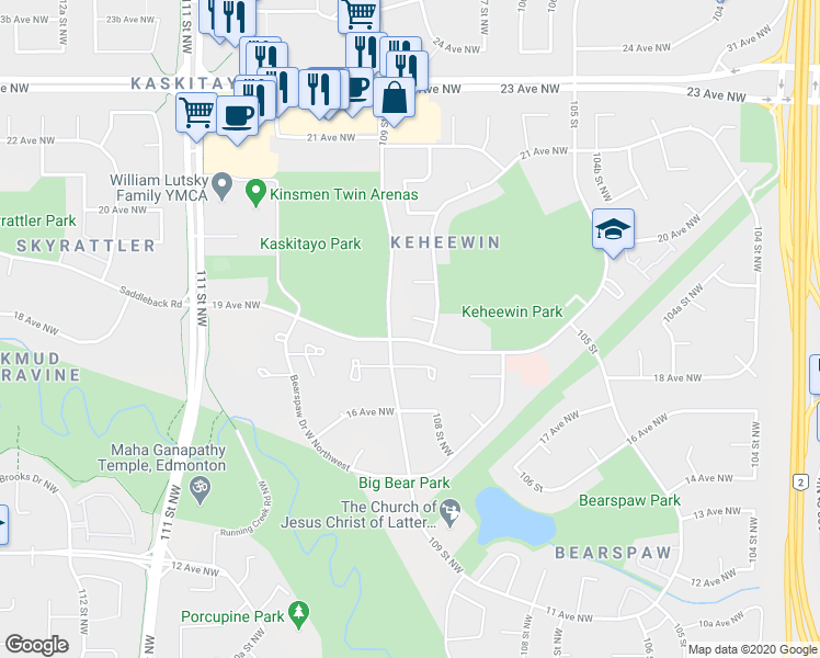 map of restaurants, bars, coffee shops, grocery stores, and more near 10815 19A Avenue Northwest in Edmonton