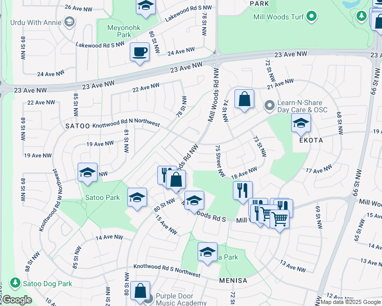 map of restaurants, bars, coffee shops, grocery stores, and more near 1877 Mill Woods Road Northwest in Edmonton