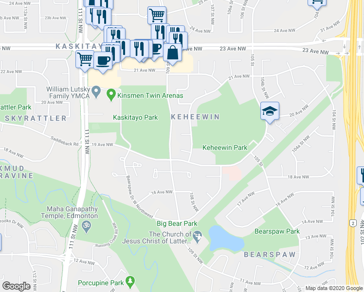 map of restaurants, bars, coffee shops, grocery stores, and more near 10815 19A Avenue Northwest in Edmonton