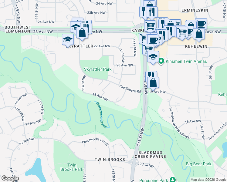 map of restaurants, bars, coffee shops, grocery stores, and more near 2001 112 Street Northwest in Edmonton