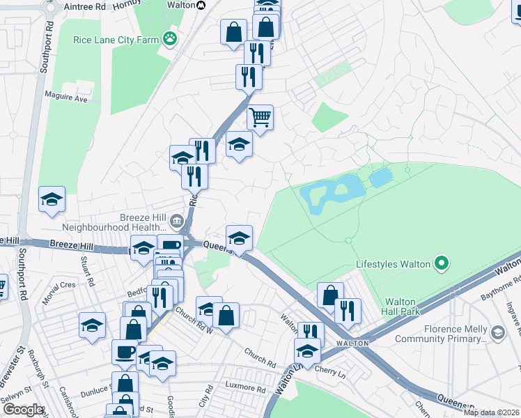 map of restaurants, bars, coffee shops, grocery stores, and more near 23 Waterfall Drive in Merseyside