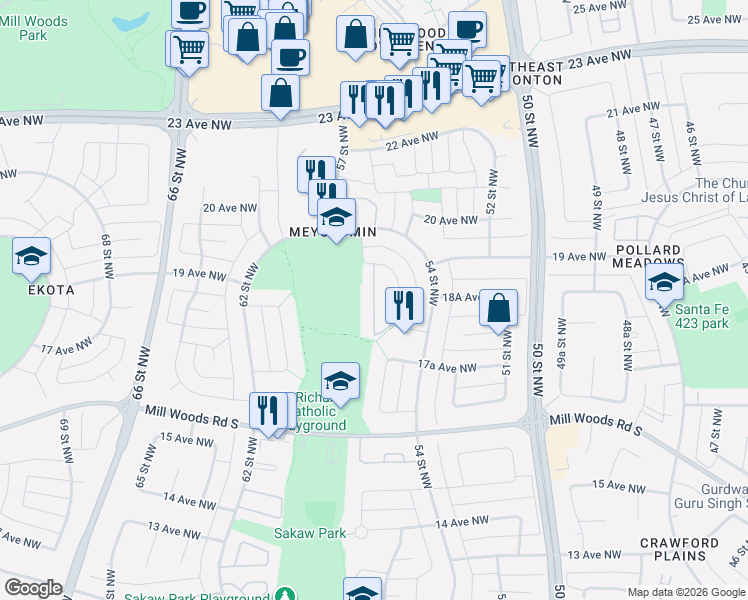 map of restaurants, bars, coffee shops, grocery stores, and more near 1820 56 Street Northwest in Edmonton