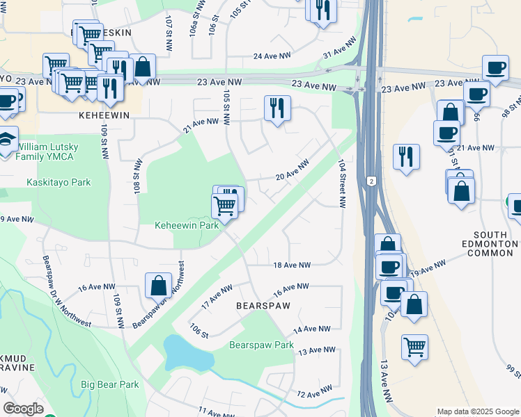 map of restaurants, bars, coffee shops, grocery stores, and more near 1945 105 Street Northwest in Edmonton