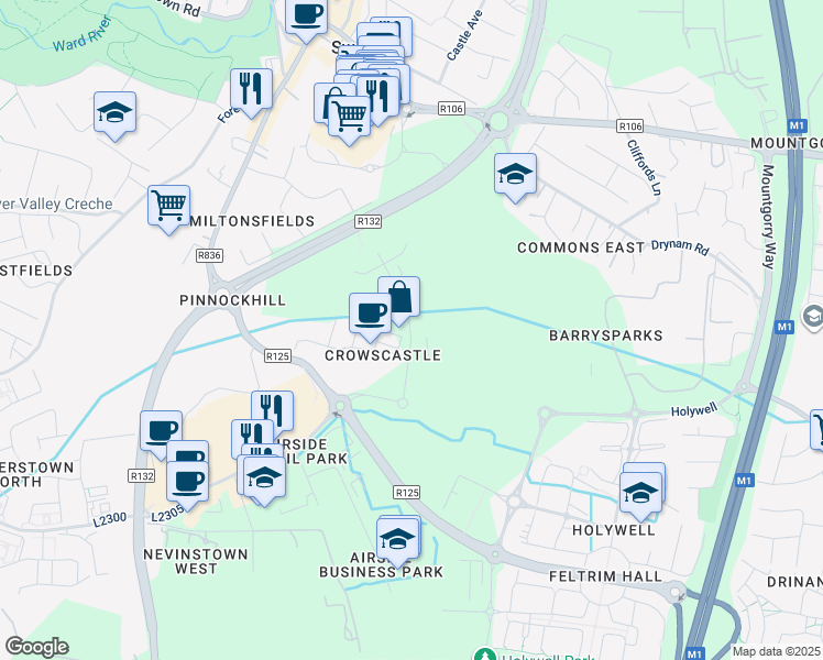 map of restaurants, bars, coffee shops, grocery stores, and more near Lakeshore Drive in Swords
