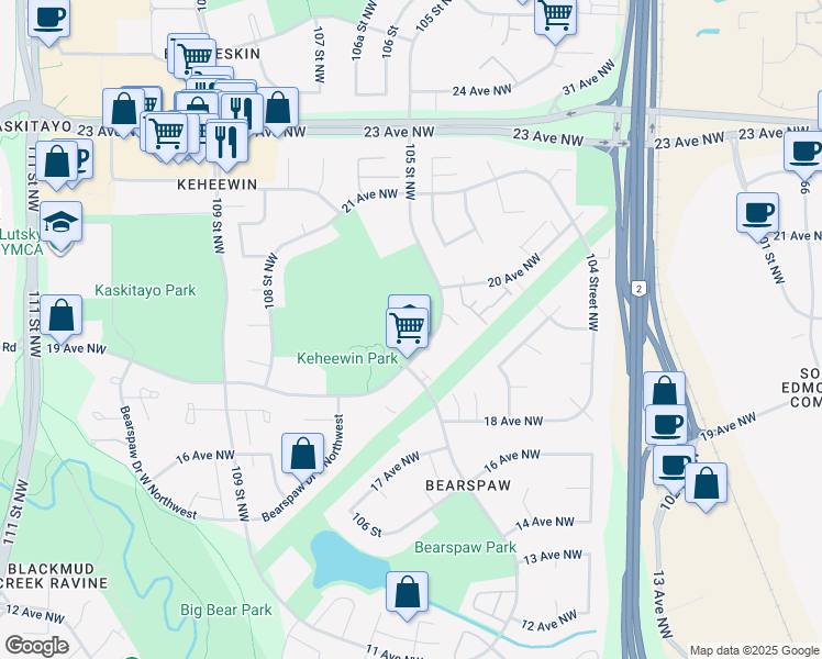 map of restaurants, bars, coffee shops, grocery stores, and more near 1910 105 Street Northwest in Edmonton
