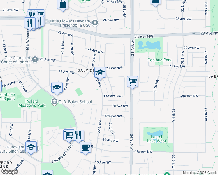 map of restaurants, bars, coffee shops, grocery stores, and more near 1820 36 Street Northwest in Edmonton