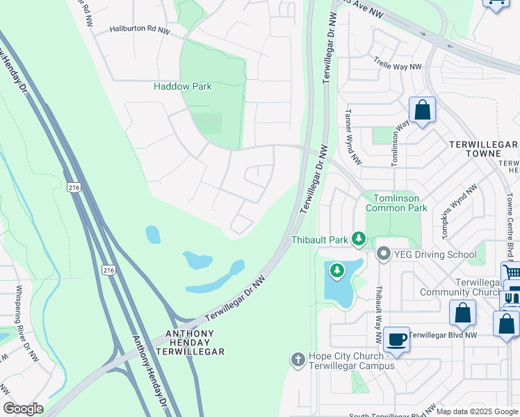 map of restaurants, bars, coffee shops, grocery stores, and more near 2551 Hanna Crescent Northwest in Edmonton