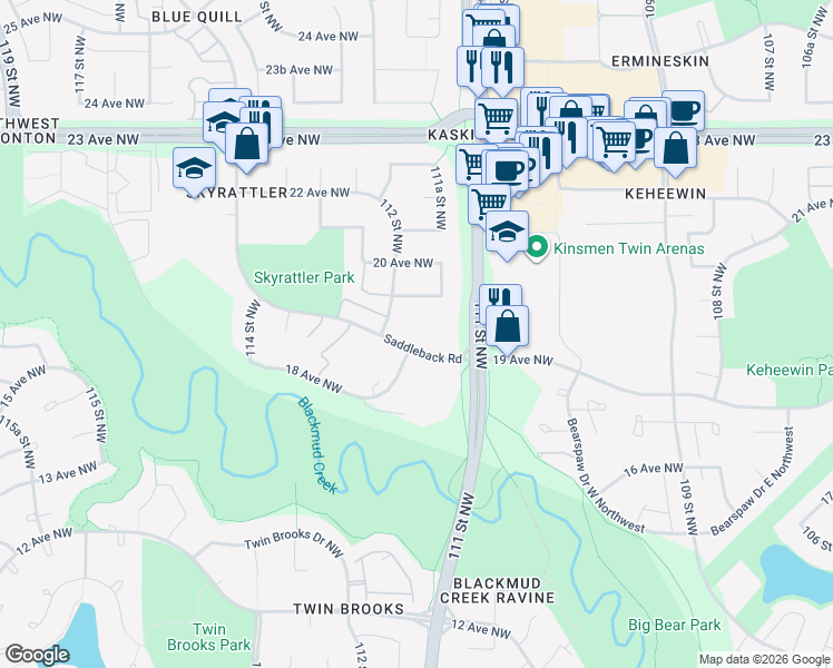 map of restaurants, bars, coffee shops, grocery stores, and more near 2039 Saddleback Road Northwest in Edmonton