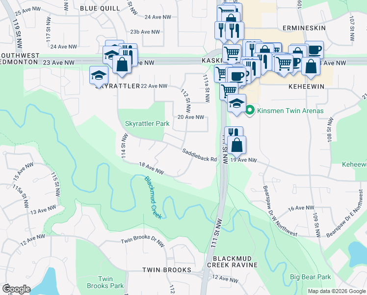 map of restaurants, bars, coffee shops, grocery stores, and more near 2001 112 Street Northwest in Edmonton