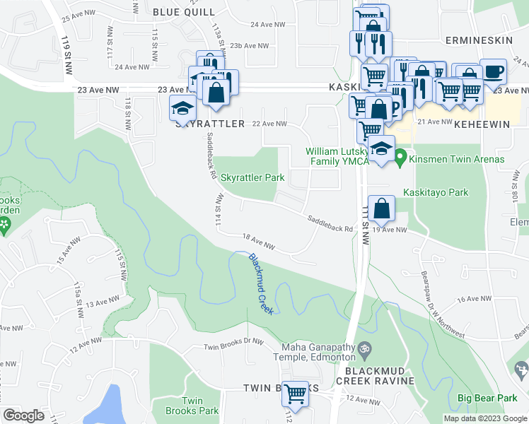 map of restaurants, bars, coffee shops, grocery stores, and more near 1132 Saddleback Road Northwest in Edmonton