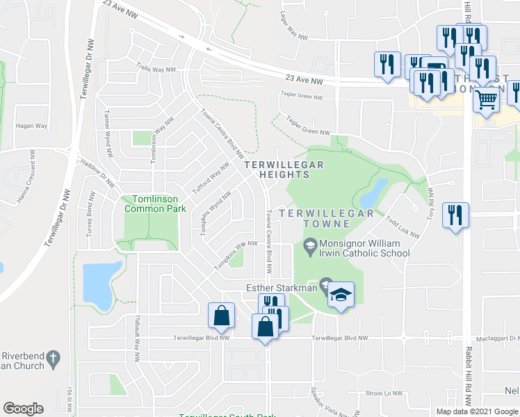 map of restaurants, bars, coffee shops, grocery stores, and more near 1852 Towne Centre Boulevard Northwest in Edmonton