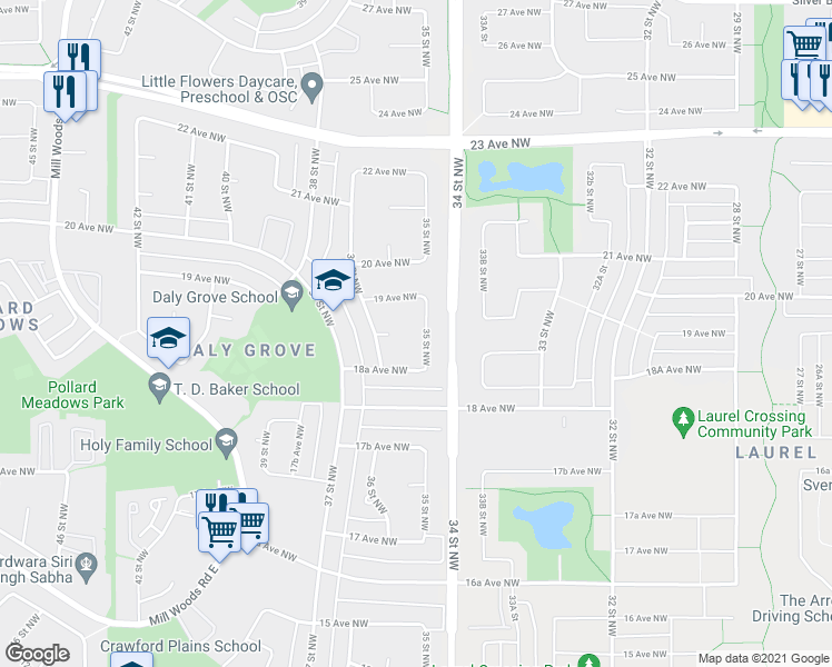 map of restaurants, bars, coffee shops, grocery stores, and more near 1828 35 Street Northwest in Edmonton