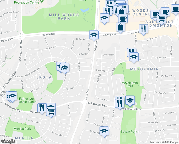 map of restaurants, bars, coffee shops, grocery stores, and more near 6603 19 Avenue Northwest in Edmonton