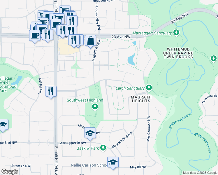 map of restaurants, bars, coffee shops, grocery stores, and more near 2411 Martell Crescent Northwest in Edmonton