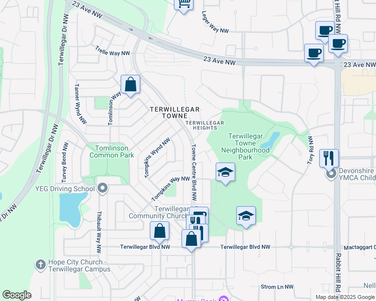 map of restaurants, bars, coffee shops, grocery stores, and more near 1852 Towne Centre Boulevard Northwest in Edmonton