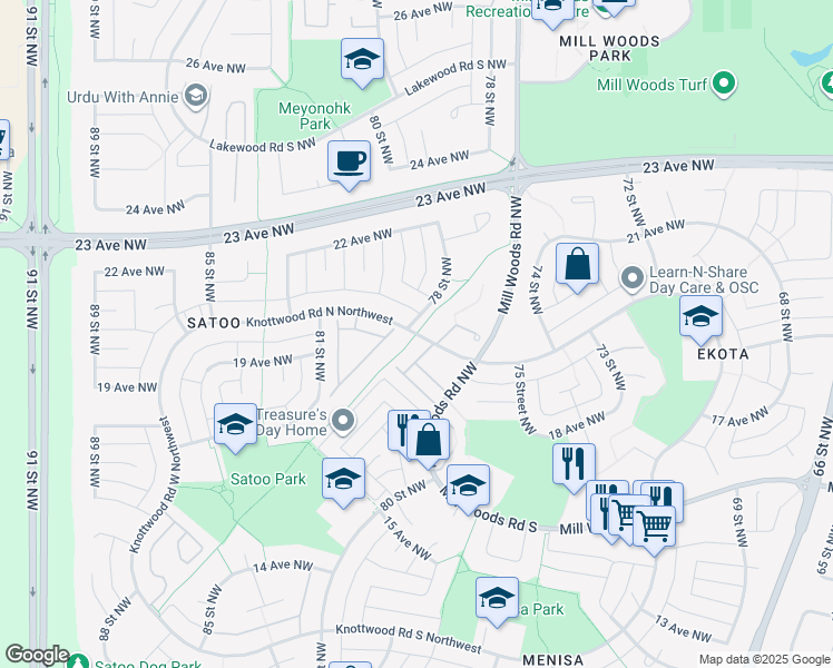 map of restaurants, bars, coffee shops, grocery stores, and more near Knottwood Road North Northwest in Edmonton