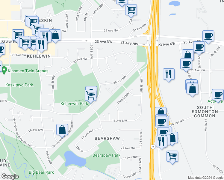 map of restaurants, bars, coffee shops, grocery stores, and more near 1945 105 Street Northwest in Edmonton