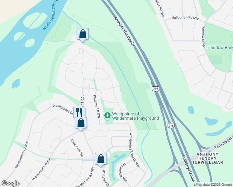 map of restaurants, bars, coffee shops, grocery stores, and more near 4109 Whispering River Drive Northwest in Edmonton