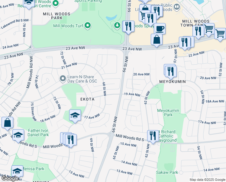 map of restaurants, bars, coffee shops, grocery stores, and more near 6603 19 Avenue Northwest in Edmonton